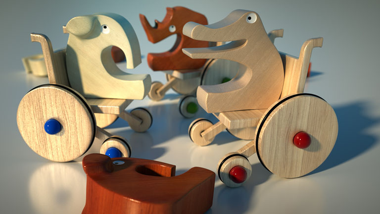 Wooden animals and wheelchairs