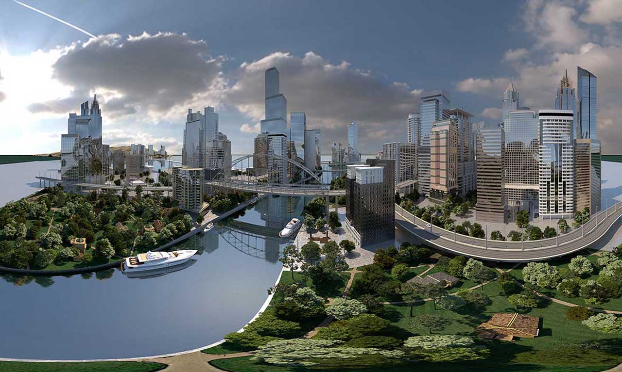 Conception d'une ville futuriste pour une projection à 360 degrés